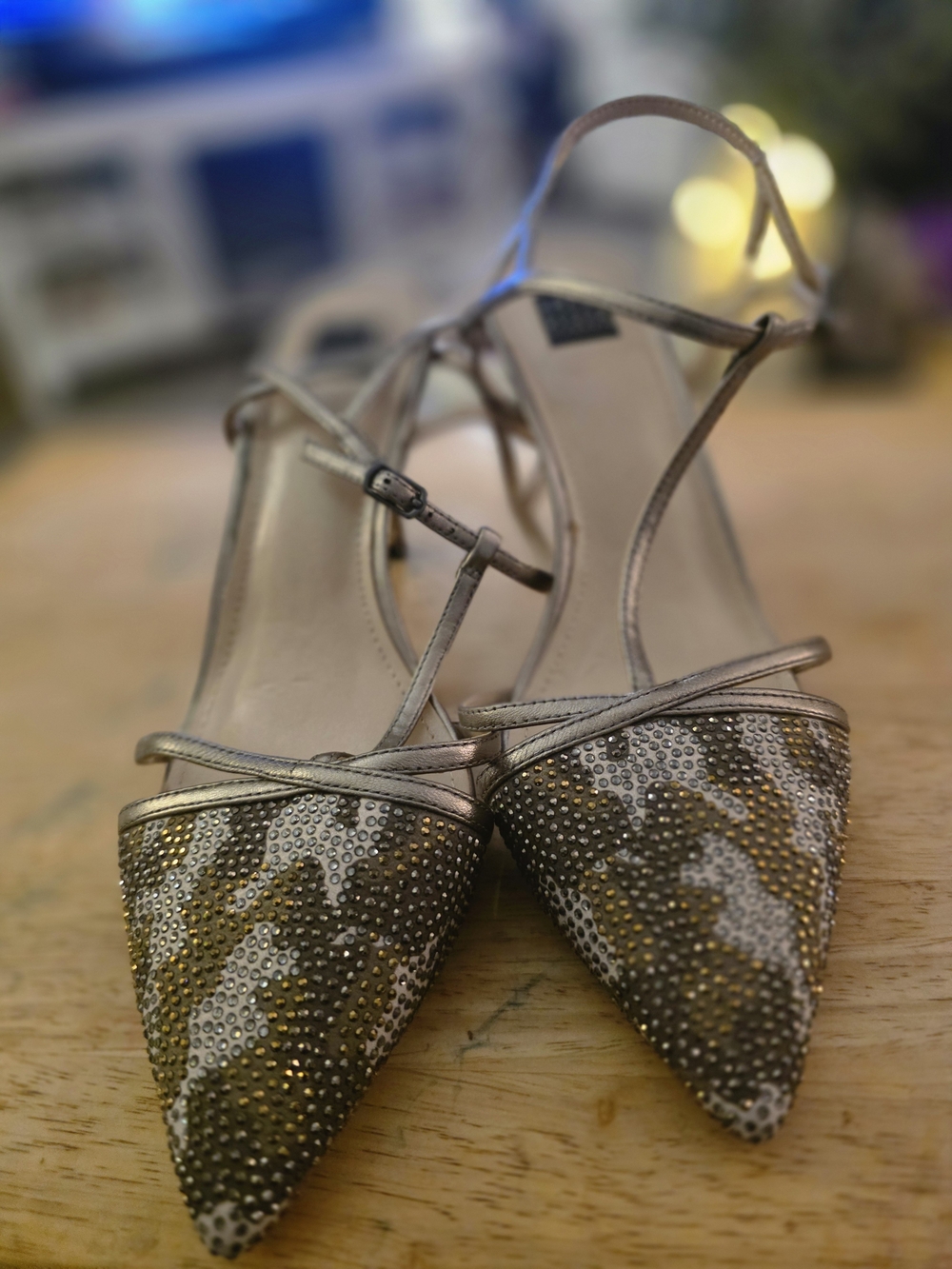 White House Black Market Gold Metallic Camo Pointed Toe Rhinestone Strappy Heels